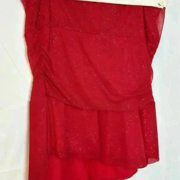 Open Shoulder Red Shimmer Asymmetrical Dressy Blouse (Size XL) - Picture 10 of 11